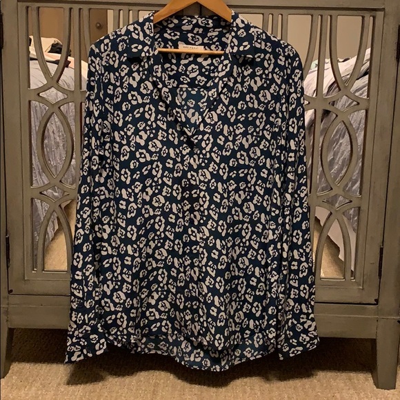 EQUIPMENT navy and creme silk button down.